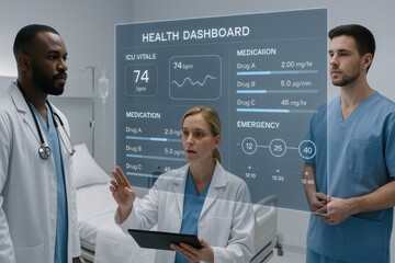 Medical Team Reviewing ICU Patient Vitals, Emergency Timeline, and Medication on Digital Health Dashboard