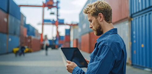Engineer checking cargo and containers with a digital tablet at shipping yard during logistics and transport inspection process