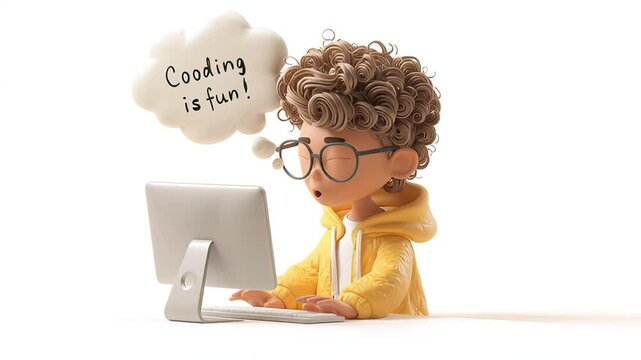 Cute 3D cartoon boy wearing glasses and a yellow hoodie typing on a computer with a thought bubble saying &ldquo;Cooding is fun!&rdquo;. Concept of coding education, kids learning and fun technology
