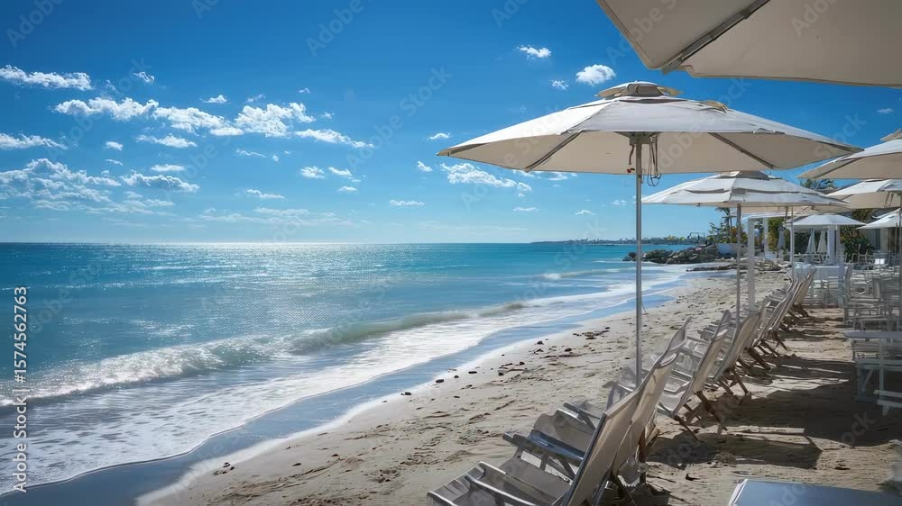 Wall mural deckchairs and white umbrellas lining a sandy beach create an inviting scene for relaxation under a 