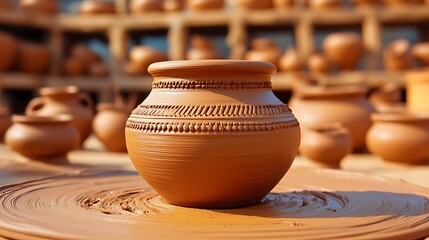 Clay pot on a potter's wheel, showcasing intricate designs.