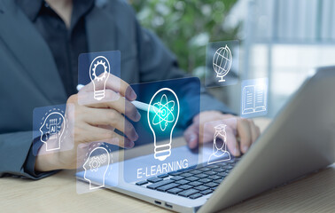 Businessman using AI in education technology to develop skills, generate ideas, and create e-books....
