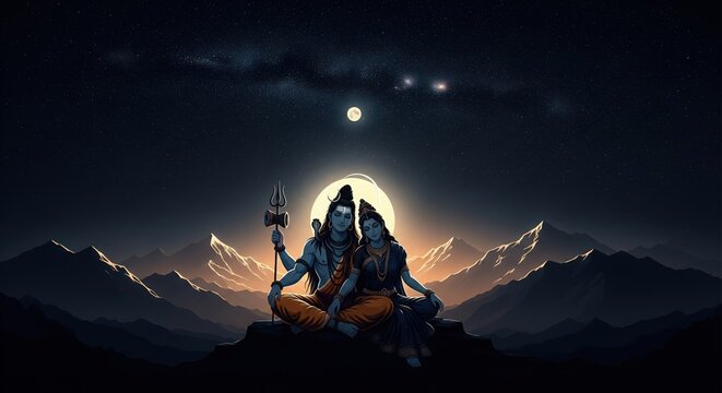 Shiva Parvati Night Sky Divine Art &ndash; Aesthetic Wallpaper (16:9)