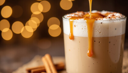 Delicious caramel latte with cinnamon sticks and warm bokeh background  
