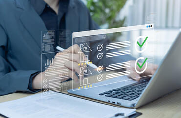 Businessman auditing real estate documents and managing property reviews, customer satisfaction...