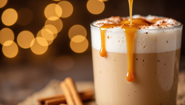 Delicious caramel latte with cinnamon sticks and warm bokeh background  