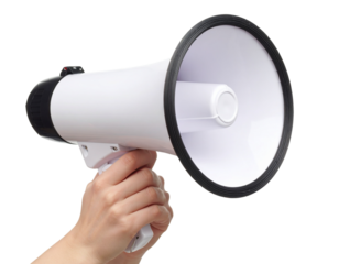 Megaphone in woman hands on a white background.