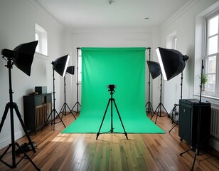 A photography studio setup with a green screen, lights, camera, and wooden floors in a bright room