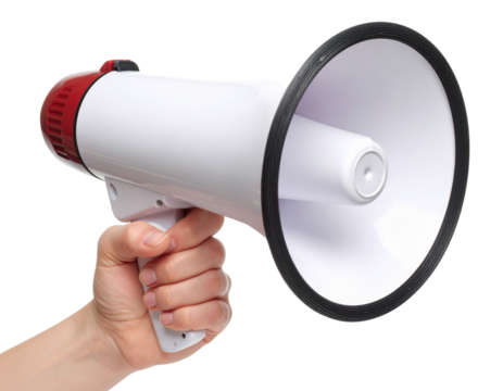 Megaphone in woman hands on a white background.  