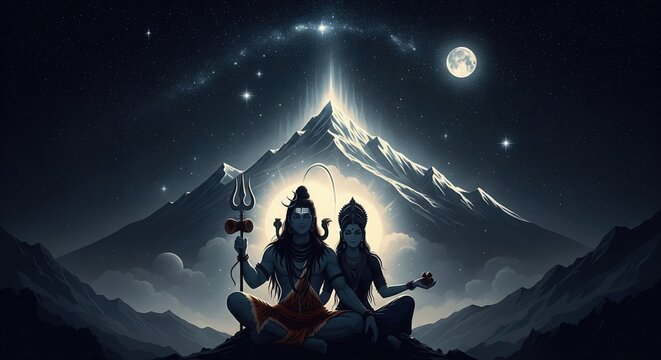 Shiva Parvati Night Sky Divine Art &ndash; Aesthetic Wallpaper (16:9)