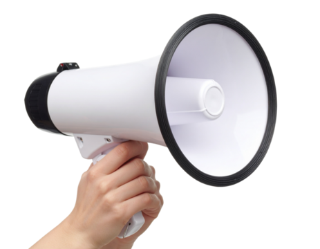 Megaphone in woman hands on a white background.