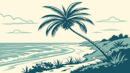 Obraz premium Palm tree beach hand sketch graphic print design for t shirt print, poster, sticker, background and other uses. Abstract modern painting artwork. Ocean wave design