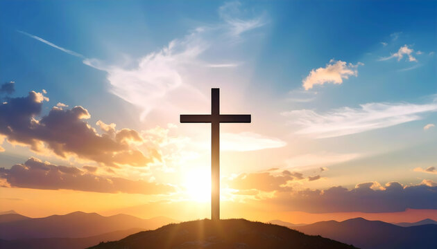 Sunset Cross Hilltop Silhouette. - Powered by Adobe