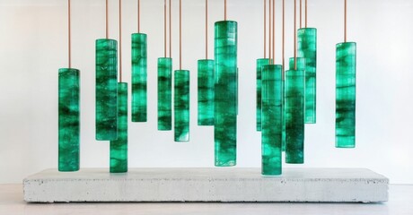 Green glass cylinders hang from rods atop concrete base. Modern sculpture exhibits color, texture, form, light interplay. Minimalist design.