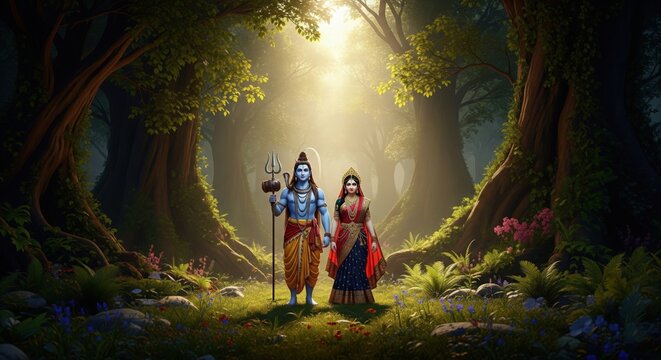 Shiv Parvati in Forest &ndash; Nature Love Spiritual Art (16:9)
