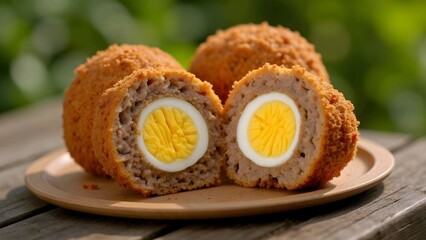 The image shows three scotch eggs on a plate, with one cut open to reveal the yolk inside.