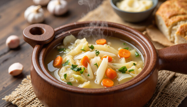 Hearty vegetable soup with pasta and carrots in clay bowl  
