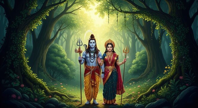 Shiv Parvati in Forest &ndash; Nature Love Spiritual Art (16:9)