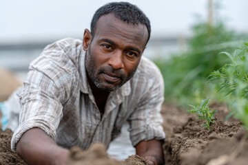 A dedicated man digs in the soil of a vegetable garden, showcasing the deep connection humans have with nature and the nourishment it provides for our lives.
