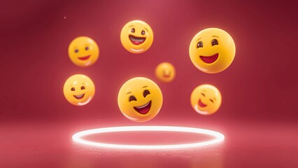 Fototapeta premium A lively collection of seven yellow emoticons hover above a glowing white circle, radiating positivity and cheerfulness.