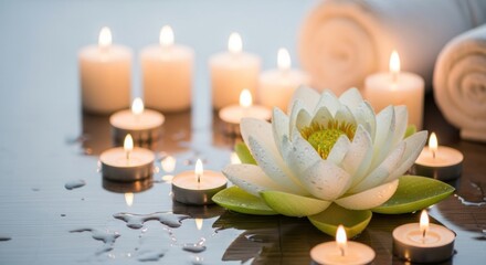 Serene spa scene featuring lit candles, a lotus flower, and rolled towels.