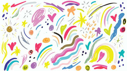 A colorful collection of hand drawn stars hearts rainbows and abstract shapes on a white background