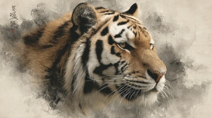 Obraz premium Majestic Tiger Portrait on Artistic Background with Brush Strokes