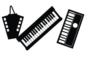 Black silhouette of film reel piano keyboard and music sheet
