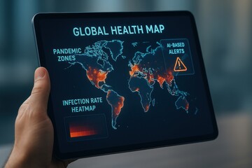 Tablet Showing Global Health Map with AI-Based Pandemic Alerts and Infection Rate Heatmap Across Continents
