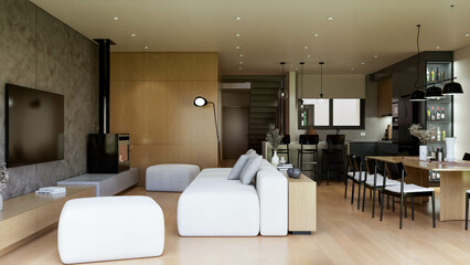 Photorealistic 3D rendering of a modern interior living room, digitally designed with no trademarks or recognizable copyrighted elements. Image created by a 3D artist for architectural visualization 