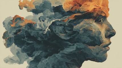 Abstract Portrait of a Human Face Merging with Colorful Clouds