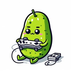 Cute Pear Character Playing Video Games with Controller