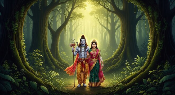 Shiv Parvati in Forest &ndash; Nature Love Spiritual Art (16:9)