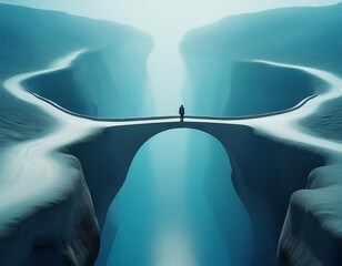 Two separated people standing on two distant cliffs