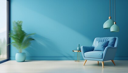 concept modern room with stylish armchair bright room interior mockup in blue trendy color empty room for mockup 3d rendering