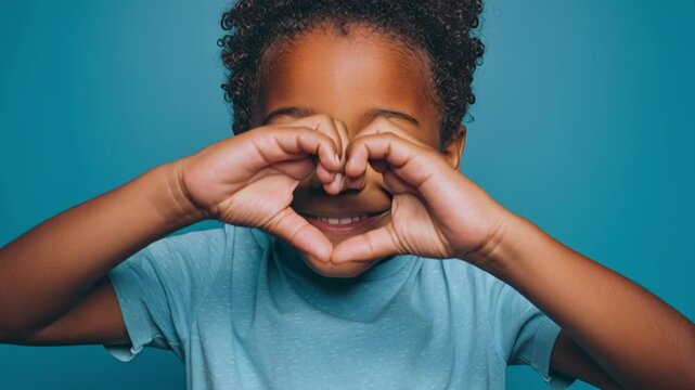 Smiling African American boy making a heart shape with his hands in front of a blue background. Concept of love, kindness, childhood joy and emotional well-being
 - Powered by Adobe