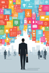 Businessman stands in cityscape surrounded by colorful digital icons representing technology and communication, symbolizing digital transformation and business leadership