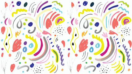 Abstract colorful shapes and lines arranged in a symmetrical pattern on white background