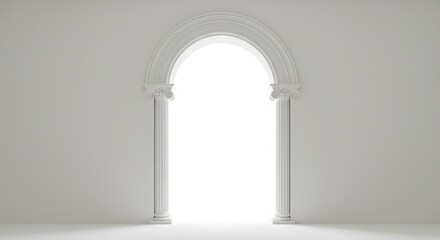 white arch with slender neoclassical columns, morning light, minimal background, centered symmetry