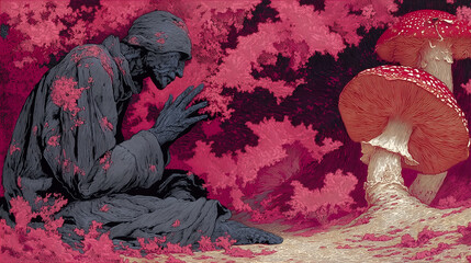 A gaunt, robed figure encounters giant toadstools in a magical forest with vibrant pink foliage. A surreal, painterly fantasy illustration.