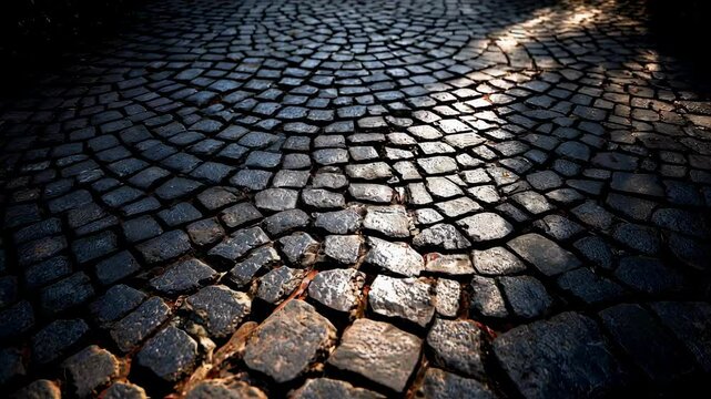 Sunlight reflecting off a cobblestone street creates intricate patterns, enhancing the charm of the urban landscape with a delightful mix of light and shadow across the textured surface