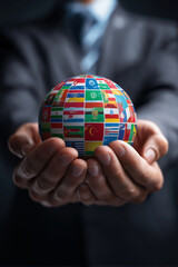 Person in suit holds globe covered with various national flags, symbolizing global unity and international relations. image conveys sense of diplomacy and cooperation among nations