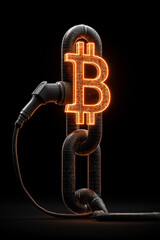 Glowing Bitcoin symbol is integrated into futuristic chain, with electric vehicle charging plug connected, symbolizing intersection of cryptocurrency and electric vehicle technology