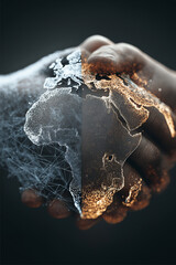 Digital representation of handshake merges with world map, symbolizing global cooperation and diplomacy. image highlights international relations and sustainable development