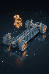 Digital rendering of electric vehicle chassis with glowing Bitcoin symbol, highlighting intersection of automotive technology and blockchain innovation