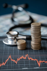 Stacks of coins and stethoscope on financial chart symbolize intersection of healthcare and financial markets, highlighting interest rate impacts