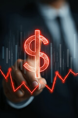 Person in suit points at glowing red dollar sign with financial graph in background, symbolizing economic trends and market analysis