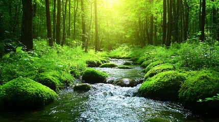 Obraz premium A forest stream flows through lush greenery.