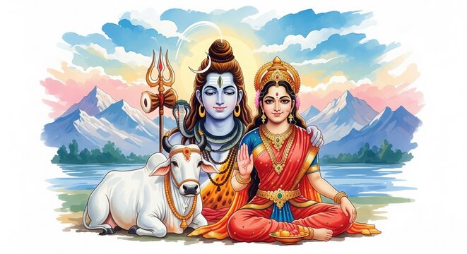 Watercolor Shiv Parvati with Nandi &ndash; Artistic God Wallpaper (16:9)