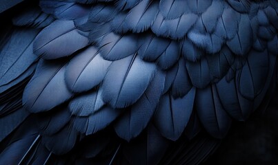 Fototapeta premium Close-up view of dark blue bird feathers. Densely packed, intricate feather textures, nuanced tones of deep blue and grey